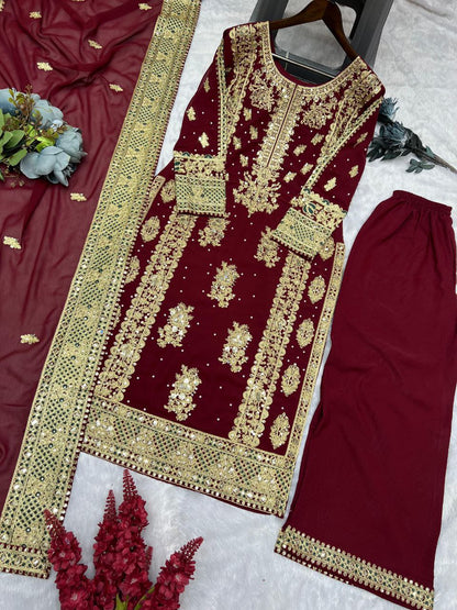Beautiful Heavy Embroidery Sequins & Riveted Moti Work Top, Plazzo, and Dupatta Set