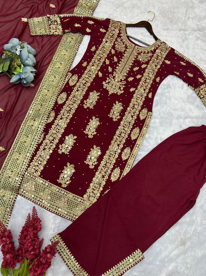 Beautiful Heavy Embroidery Sequins & Riveted Moti Work Top, Plazzo, and Dupatta Set