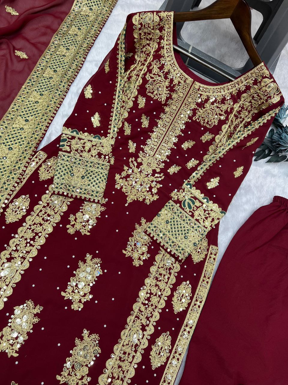 Beautiful Heavy Embroidery Sequins & Riveted Moti Work Top, Plazzo, and Dupatta Set