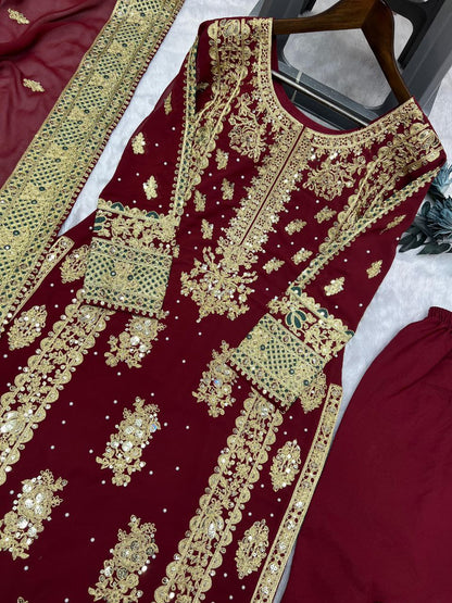 Beautiful Heavy Embroidery Sequins & Riveted Moti Work Top, Plazzo, and Dupatta Set
