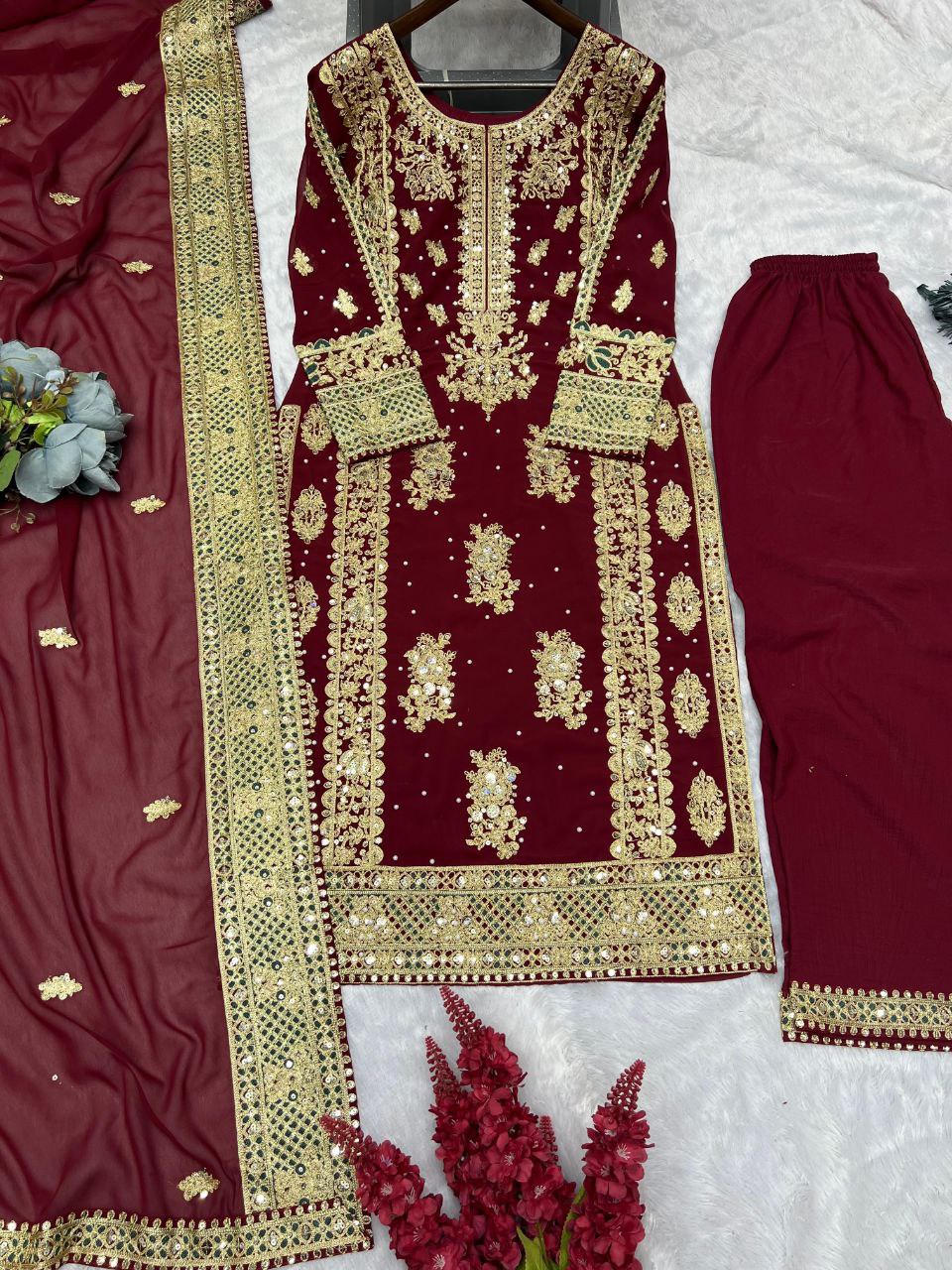 Beautiful Heavy Embroidery Sequins & Riveted Moti Work Top, Plazzo, and Dupatta Set