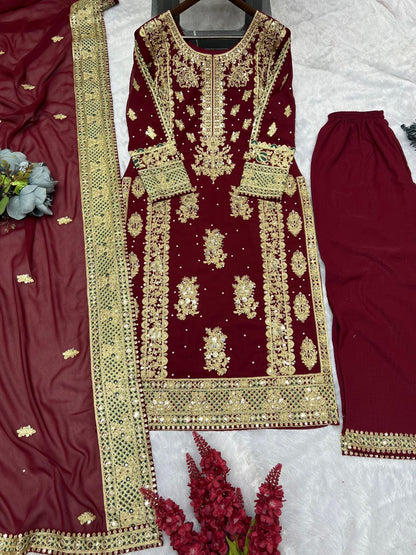 Beautiful Heavy Embroidery Sequins & Riveted Moti Work Top, Plazzo, and Dupatta Set