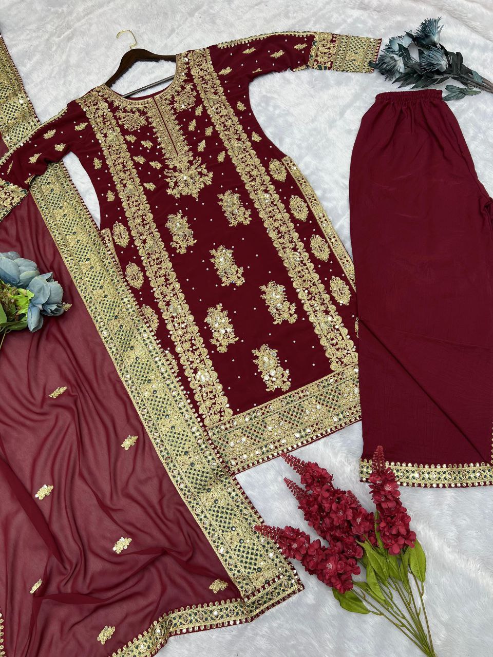 Beautiful Heavy Embroidery Sequins & Riveted Moti Work Top, Plazzo, and Dupatta Set