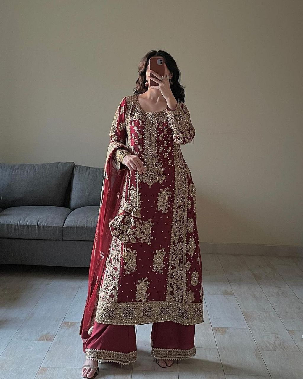 Beautiful Heavy Embroidery Sequins & Riveted Moti Work Top, Plazzo, and Dupatta Set