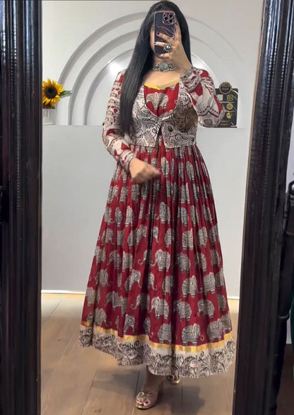 Elegant Kalamkari Gown with Jacket – Timeless Ethnic Charm for Every Occasion