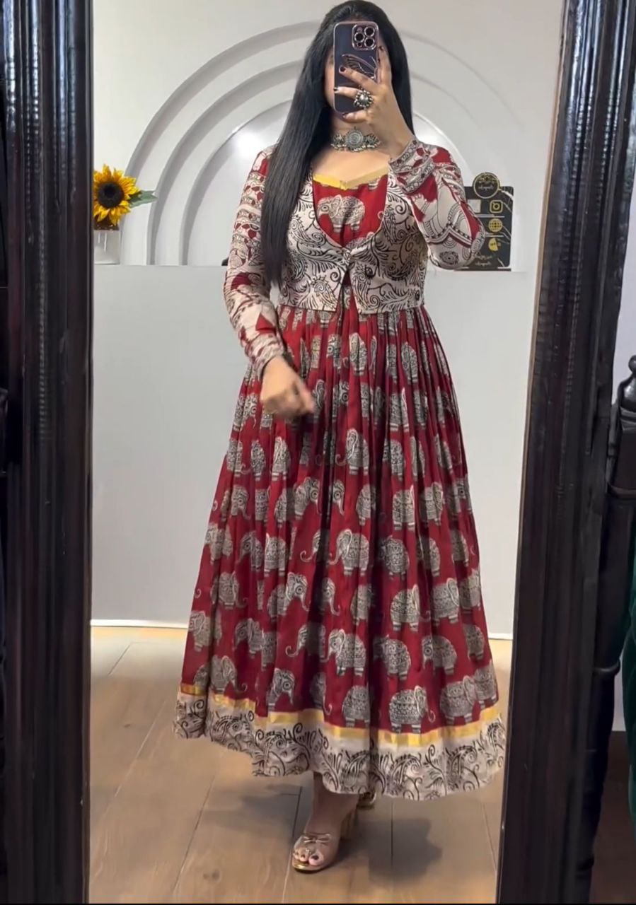 Elegant Kalamkari Gown with Jacket – Timeless Ethnic Charm for Every Occasion