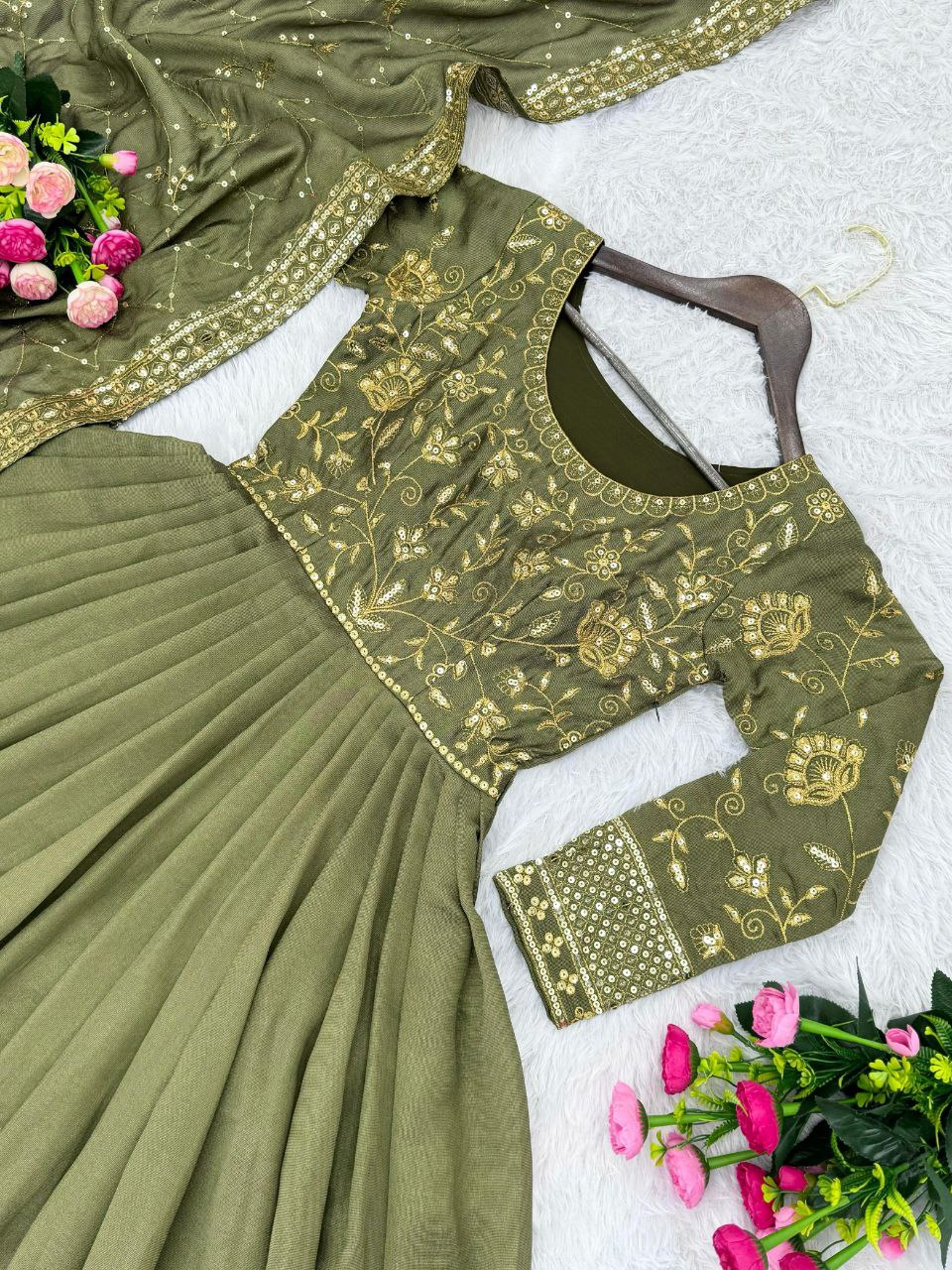 Exquisite New Designer Party Wear Fancy Gown with Shimmer Silk Dupatta & Embroidery Sequences