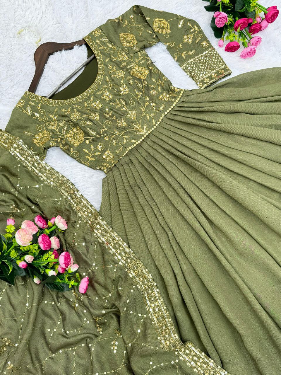 Exquisite New Designer Party Wear Fancy Gown with Shimmer Silk Dupatta & Embroidery Sequences