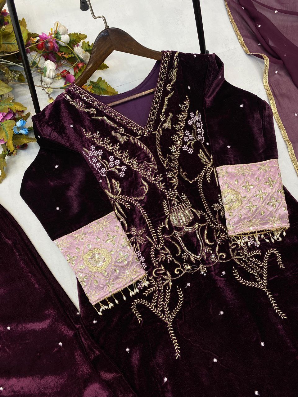 Stylish Designer Velvet Sequence Embroidery Suit with Dupatta – Perfect for Winter Elegance