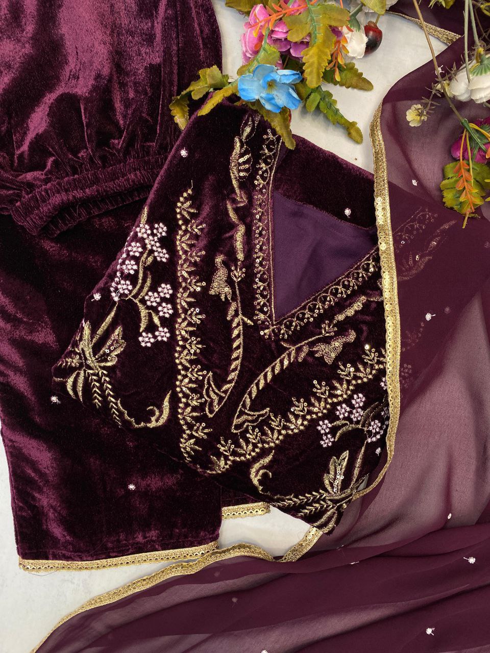 Stylish Designer Velvet Sequence Embroidery Suit with Dupatta – Perfect for Winter Elegance