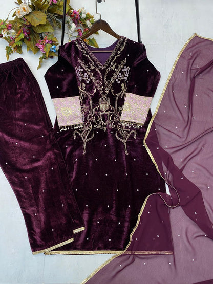 Stylish Designer Velvet Sequence Embroidery Suit with Dupatta – Perfect for Winter Elegance