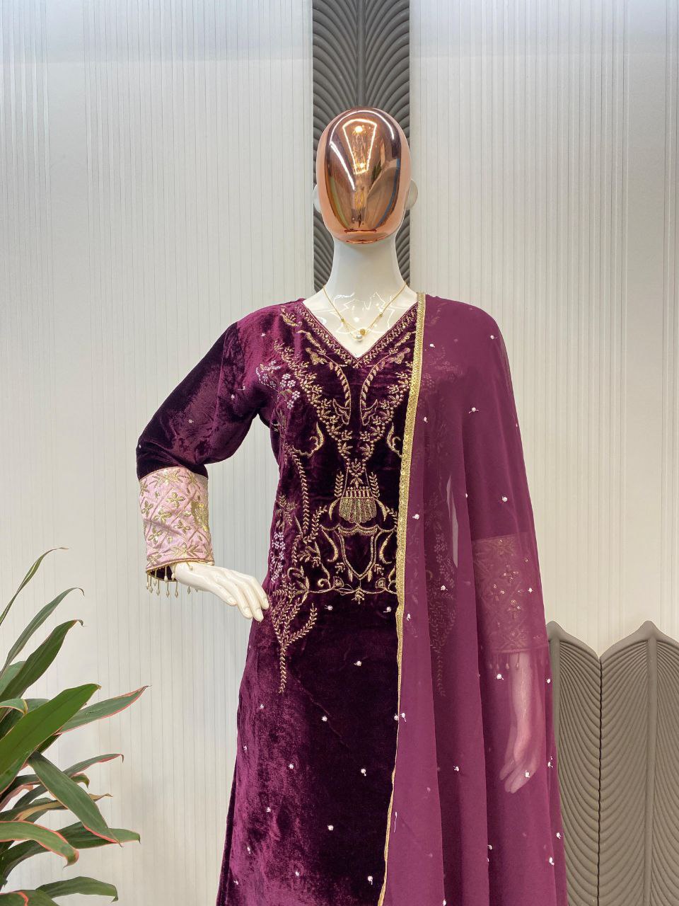 Stylish Designer Velvet Sequence Embroidery Suit with Dupatta – Perfect for Winter Elegance