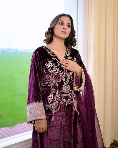 Stylish Designer Velvet Sequence Embroidery Suit with Dupatta – Perfect for Winter Elegance