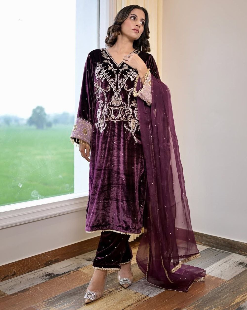 Stylish Designer Velvet Sequence Embroidery Suit with Dupatta – Perfect for Winter Elegance