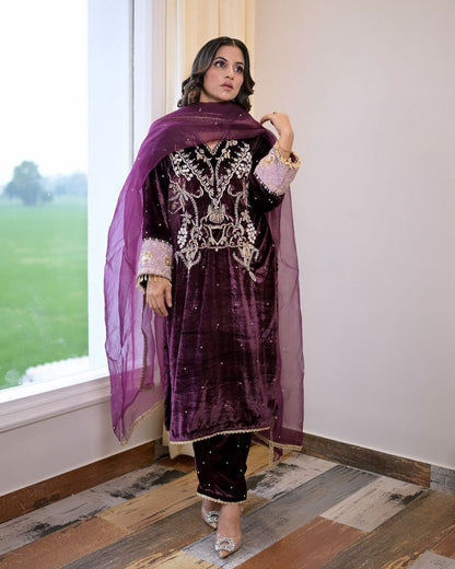 Stylish Designer Velvet Sequence Embroidery Suit with Dupatta – Perfect for Winter Elegance