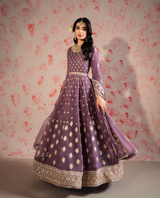 Exquisite Heavy Chinon Silk Gown, Pant & Dupatta Set with Embroidery & Accessories – Ready to Wear