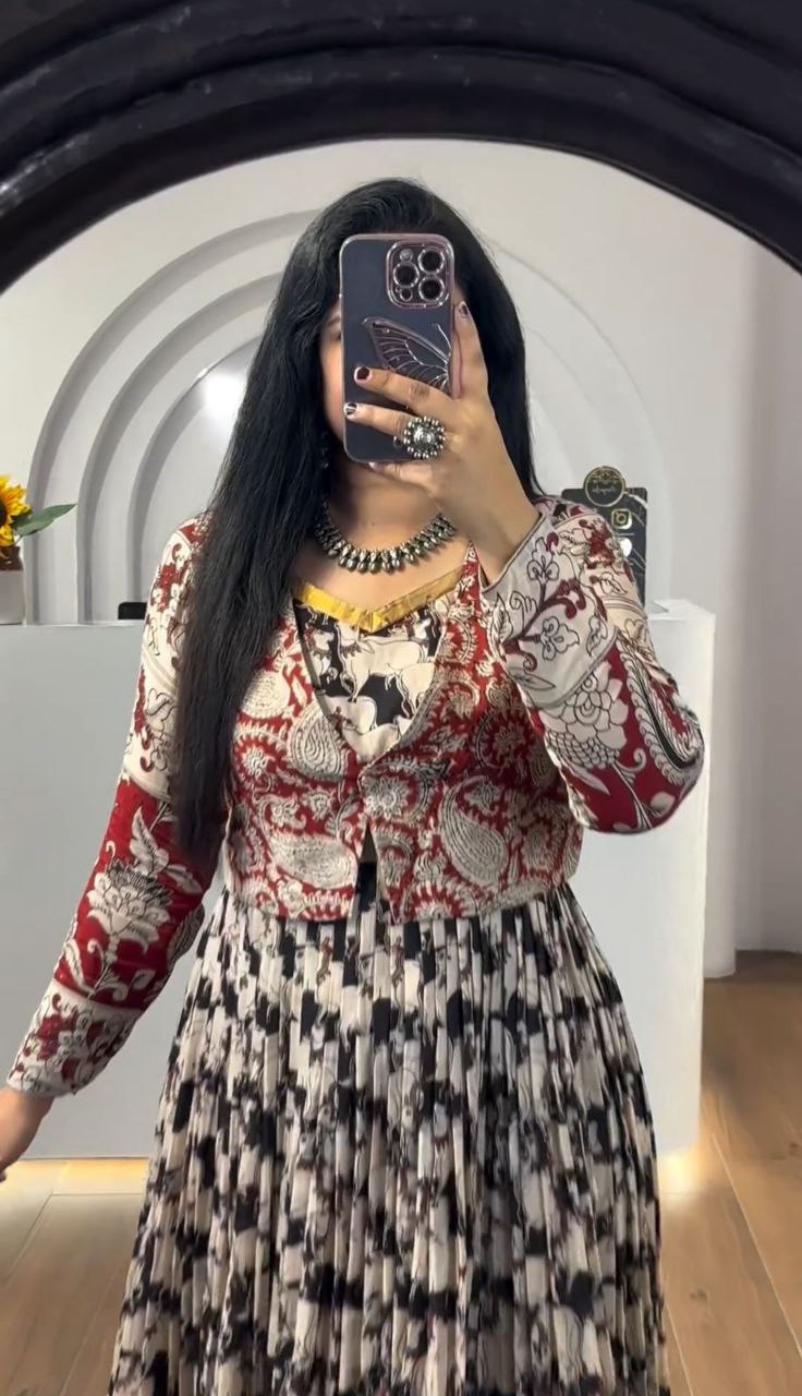 Stylish Kalamkari 3-Piece Gown, Jacket & Dupatta Set – Fully Stitched Ready to Wear