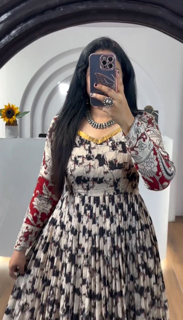 Stylish Kalamkari 3-Piece Gown, Jacket & Dupatta Set – Fully Stitched Ready to Wear