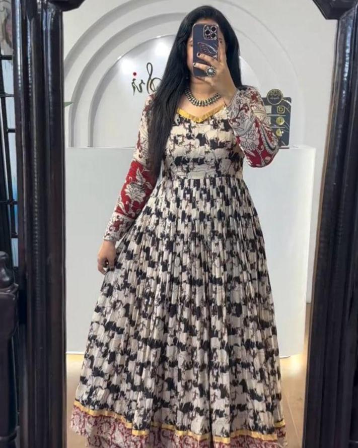 Stylish Kalamkari 3-Piece Gown, Jacket & Dupatta Set – Fully Stitched Ready to Wear
