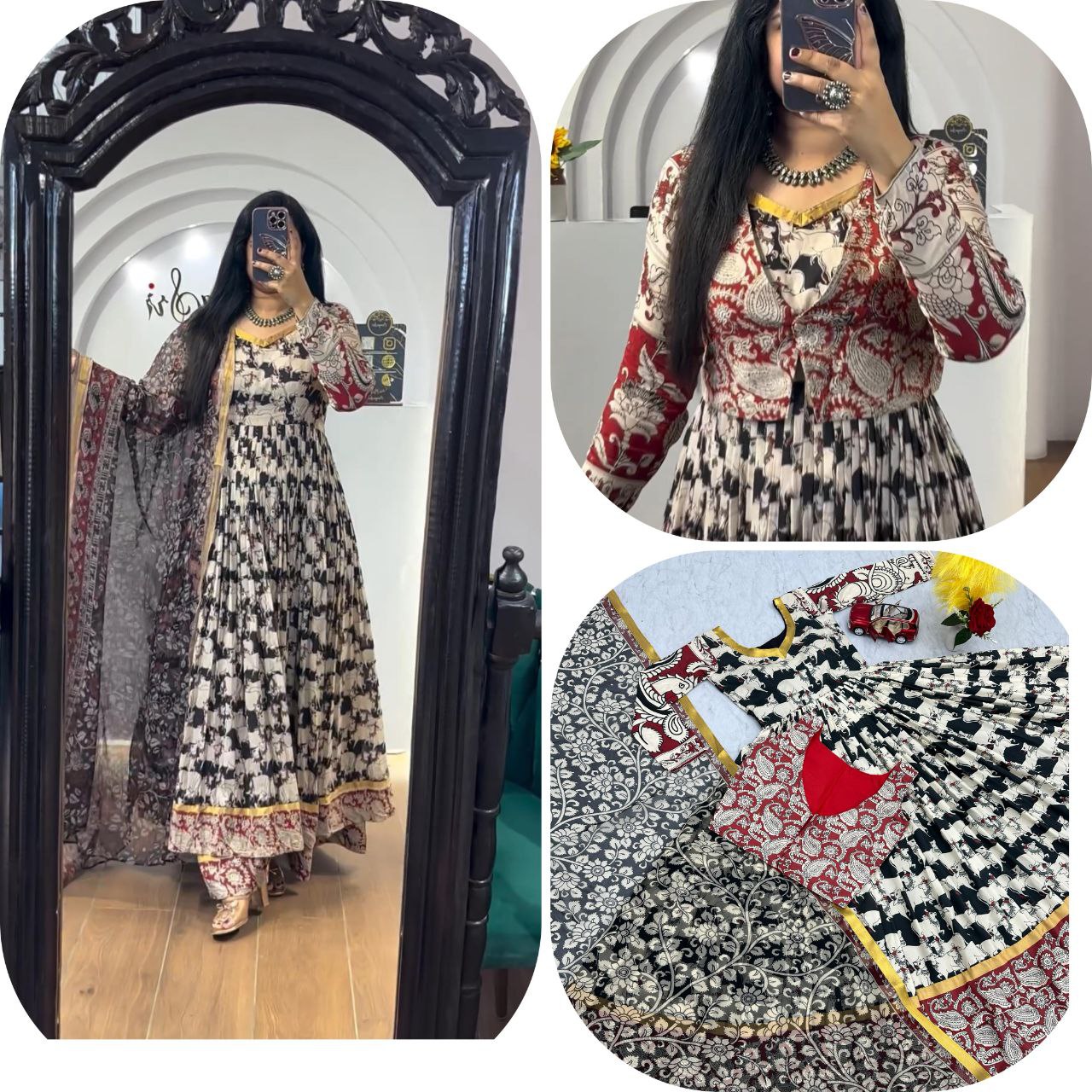 Stylish Kalamkari 3-Piece Gown, Jacket & Dupatta Set – Fully Stitched Ready to Wear