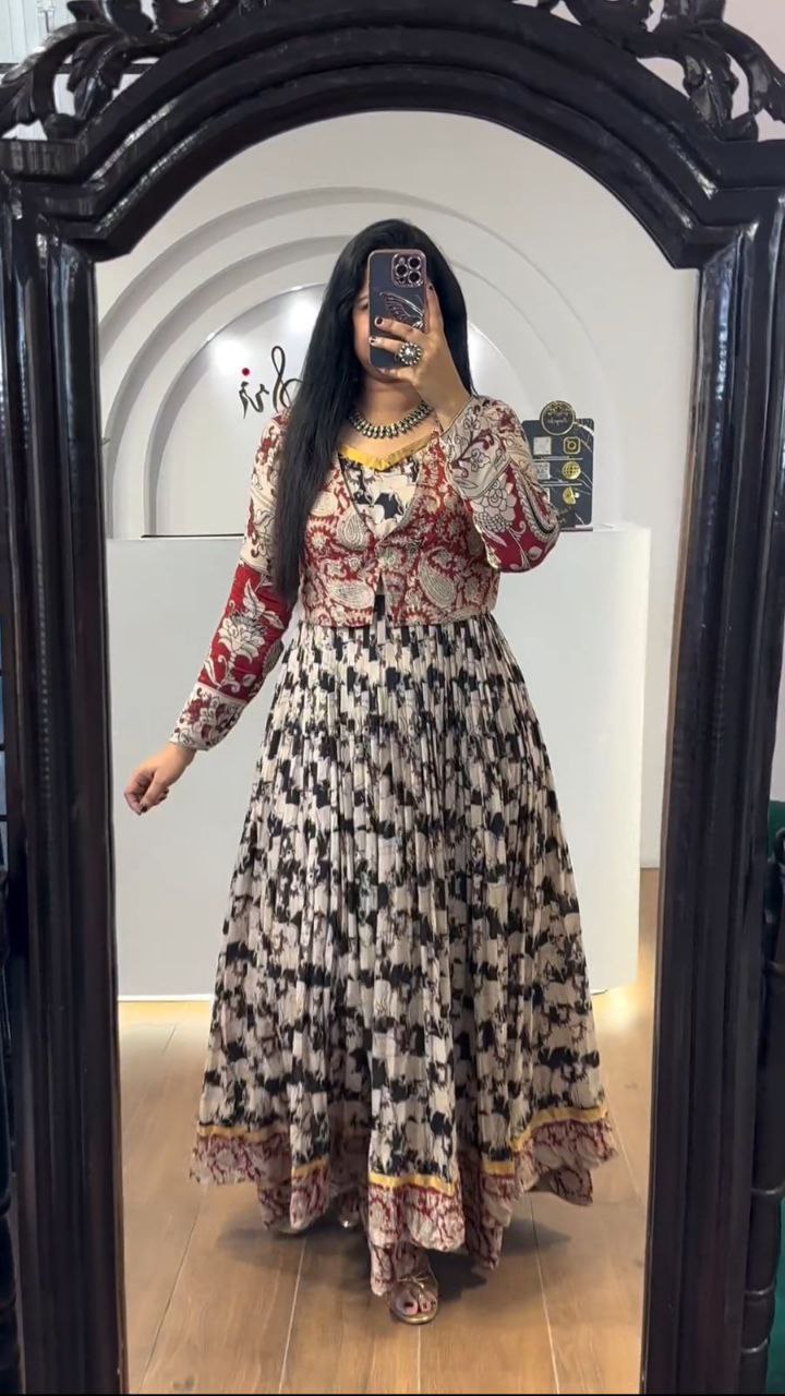 Stylish Kalamkari 3-Piece Gown, Jacket & Dupatta Set – Fully Stitched Ready to Wear