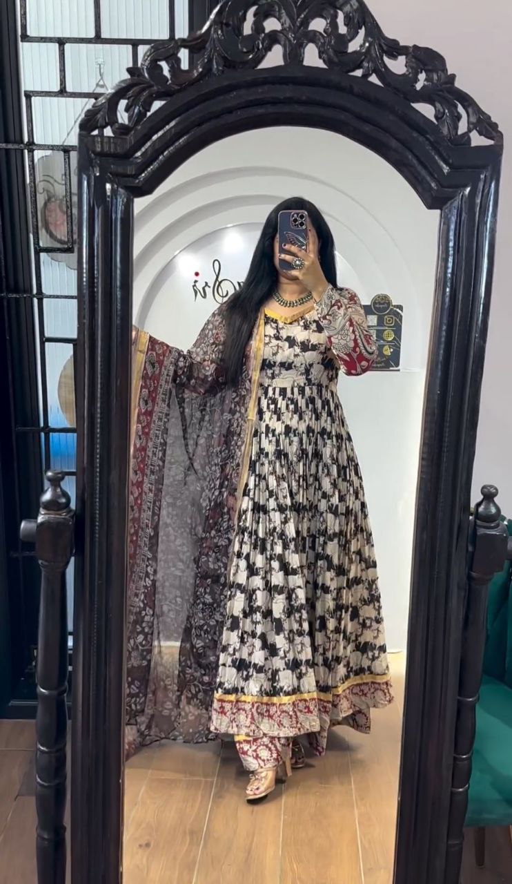 Stylish Kalamkari 3-Piece Gown, Jacket & Dupatta Set – Fully Stitched Ready to Wear