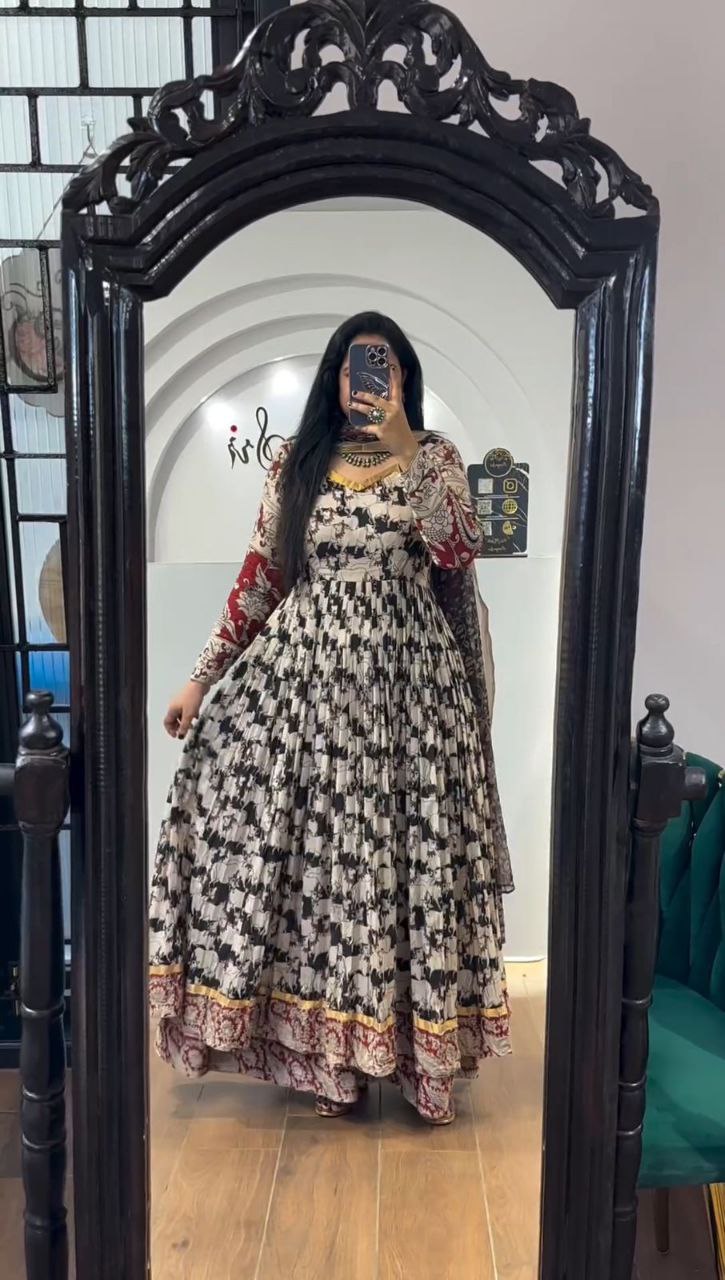Stylish Kalamkari 3-Piece Gown, Jacket & Dupatta Set – Fully Stitched Ready to Wear