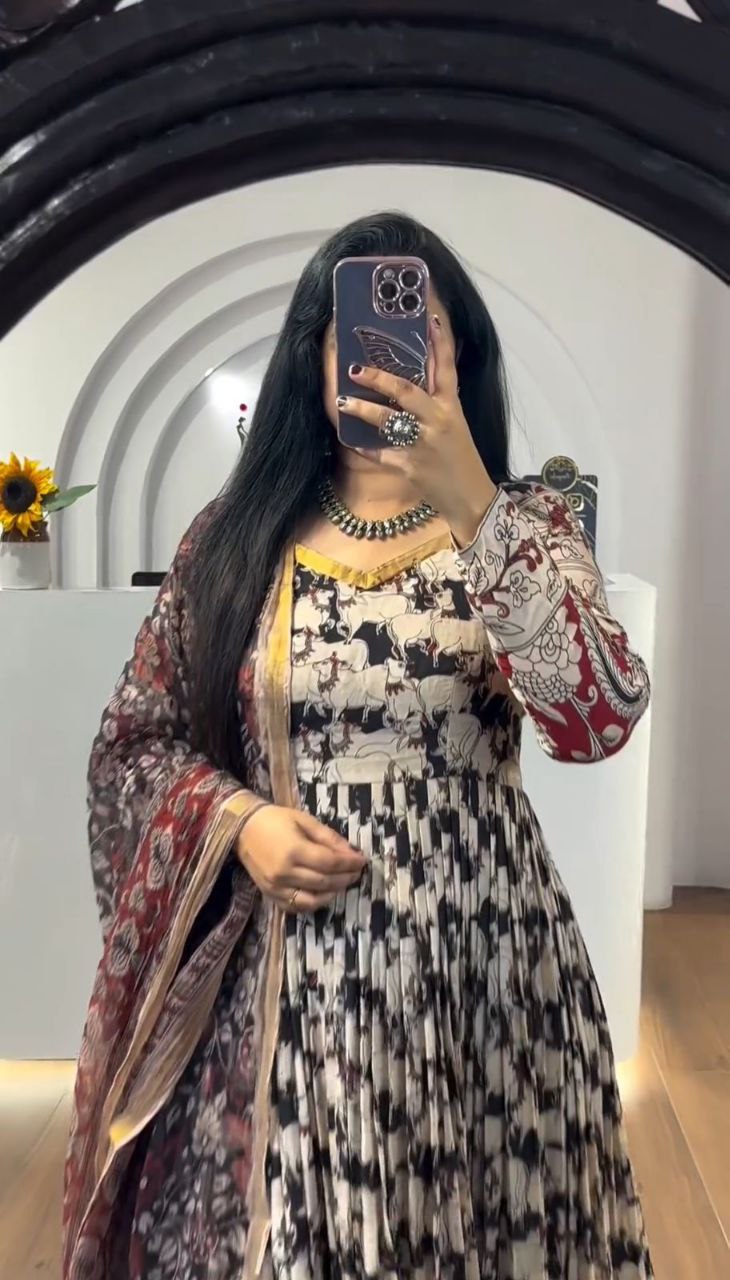 Stylish Kalamkari 3-Piece Gown, Jacket & Dupatta Set – Fully Stitched Ready to Wear