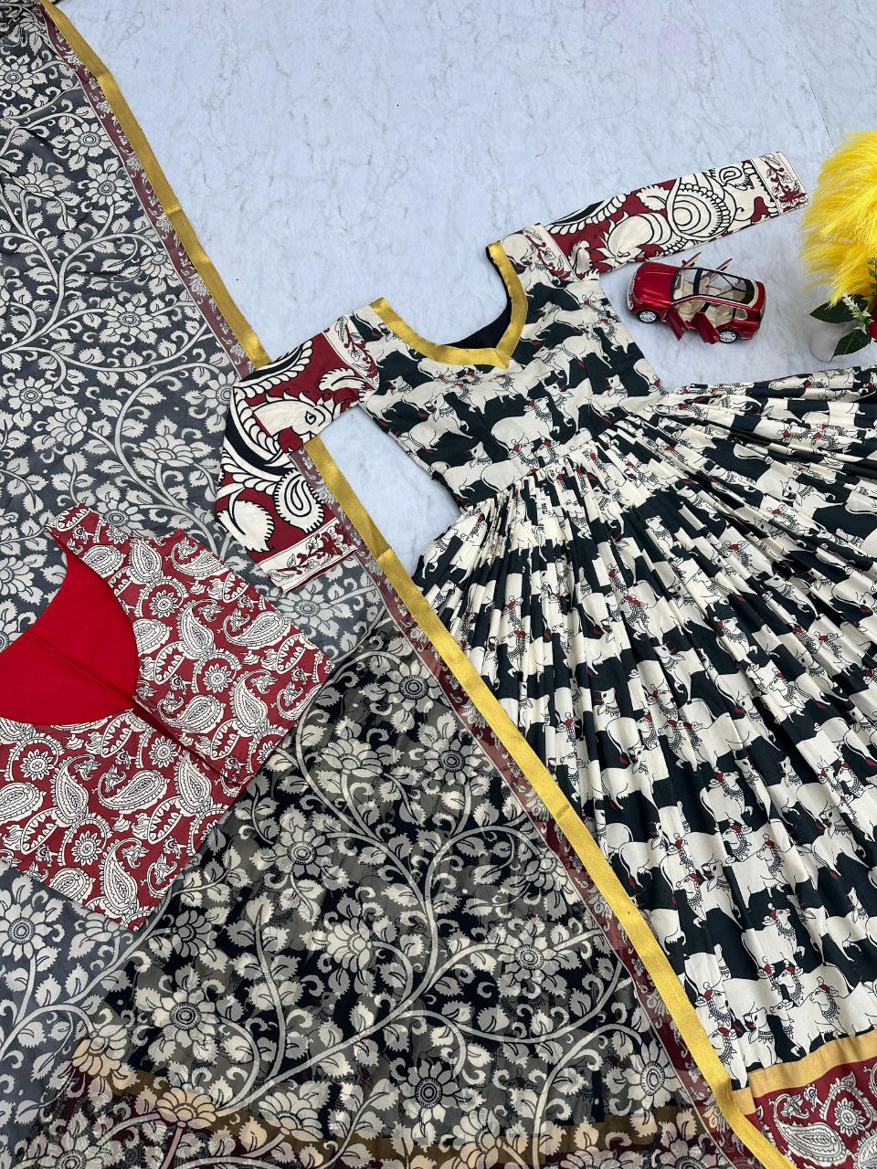 Stylish Kalamkari 3-Piece Gown, Jacket & Dupatta Set – Fully Stitched Ready to Wear