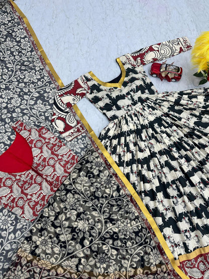Stylish Kalamkari 3-Piece Gown, Jacket & Dupatta Set – Fully Stitched Ready to Wear