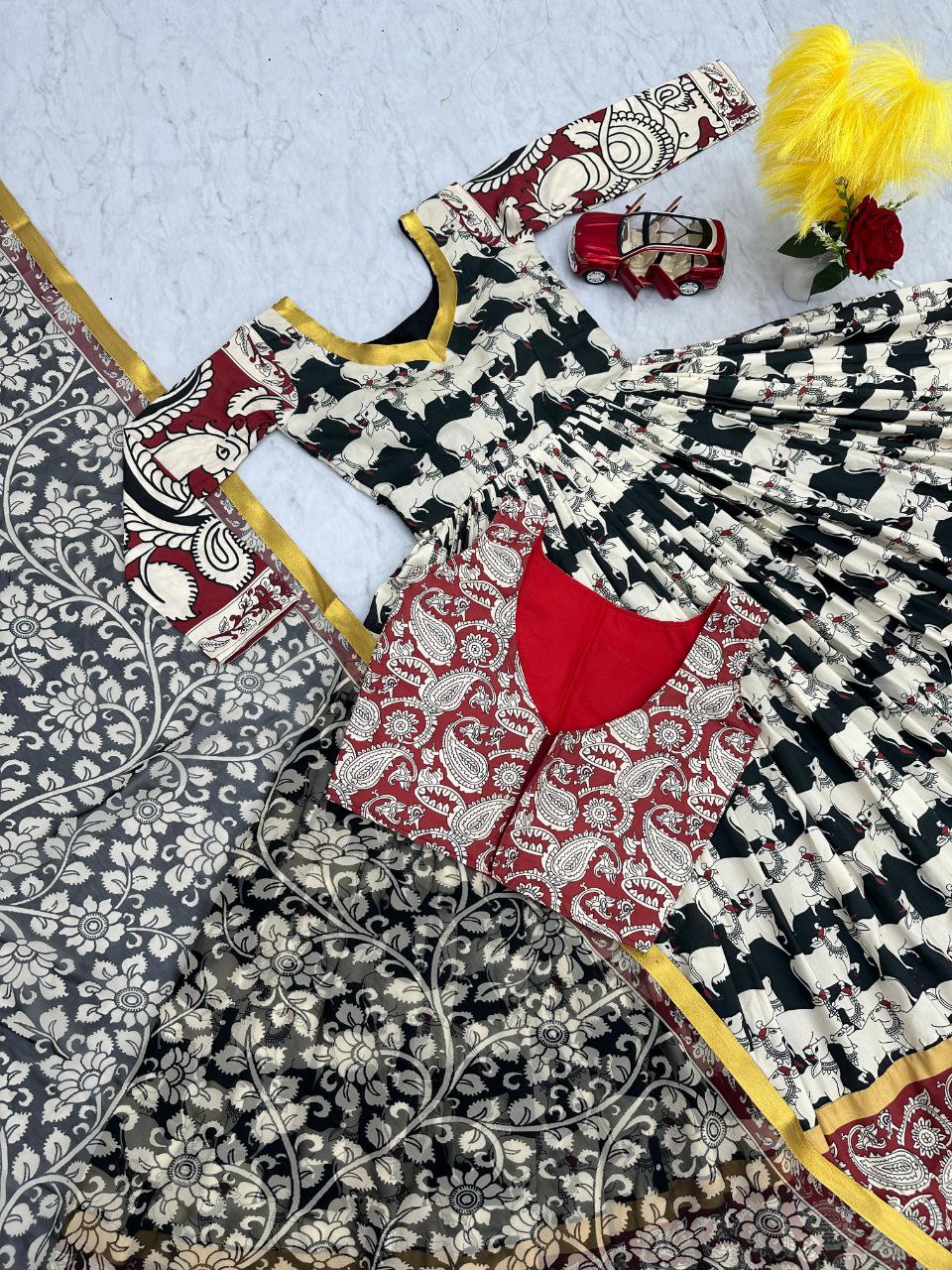 Stylish Kalamkari 3-Piece Gown, Jacket & Dupatta Set – Fully Stitched Ready to Wear