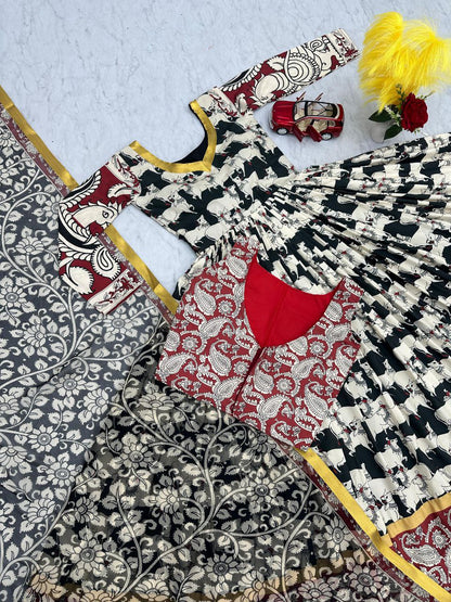 Stylish Kalamkari 3-Piece Gown, Jacket & Dupatta Set – Fully Stitched Ready to Wear
