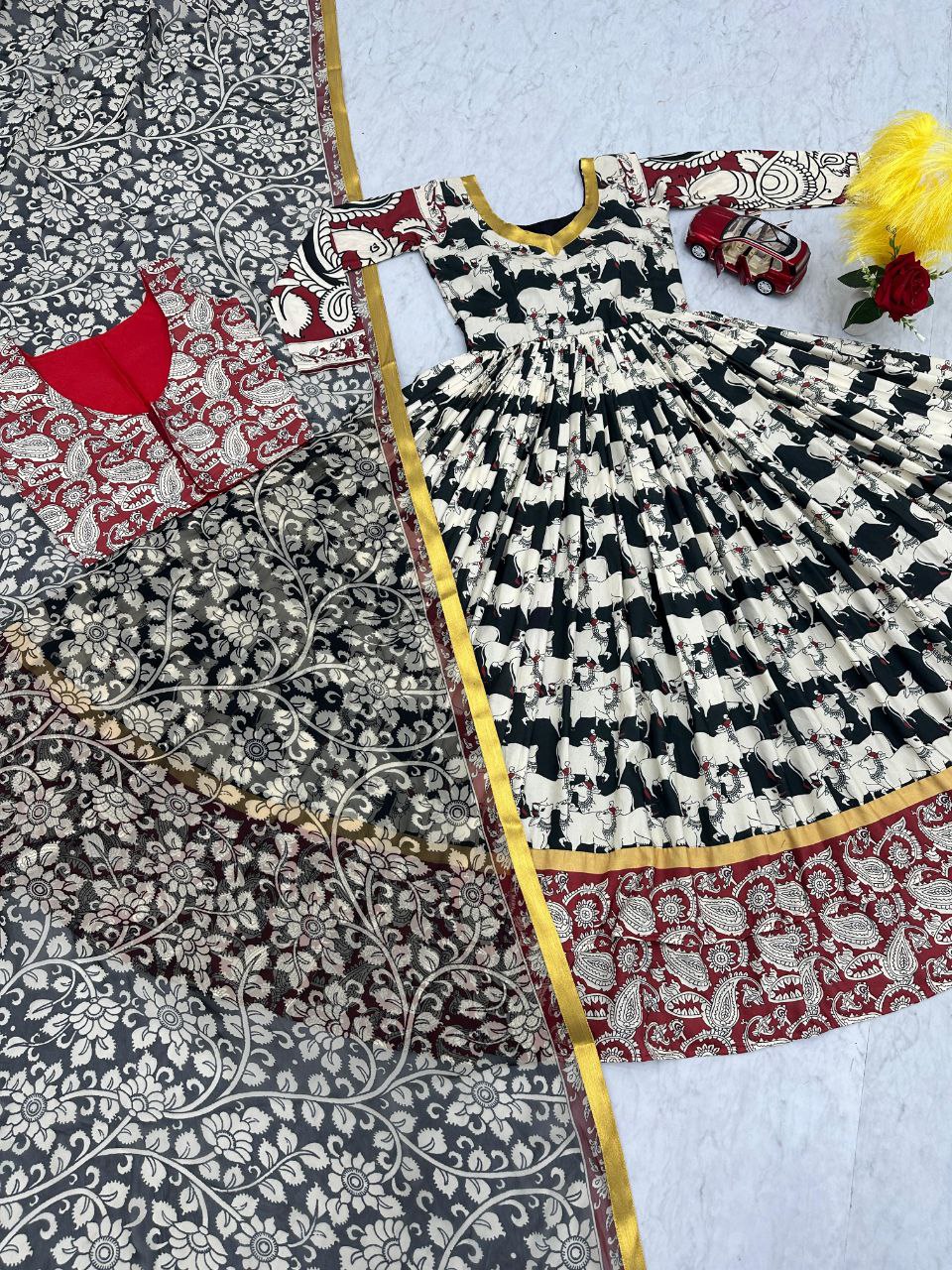 Stylish Kalamkari 3-Piece Gown, Jacket & Dupatta Set – Fully Stitched Ready to Wear