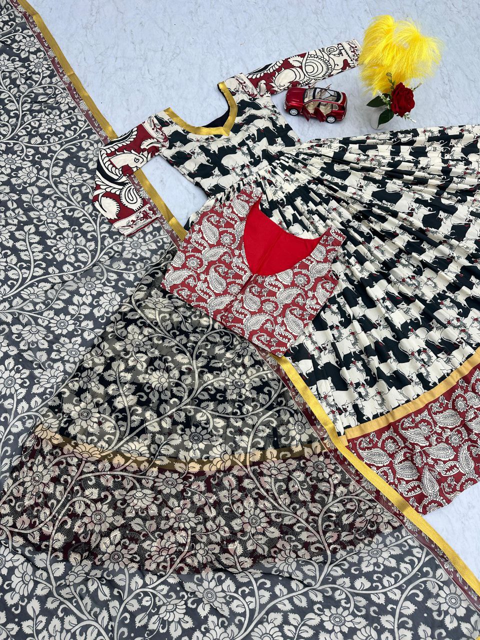 Stylish Kalamkari 3-Piece Gown, Jacket & Dupatta Set – Fully Stitched Ready to Wear