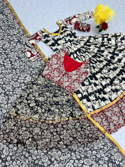 Stylish Kalamkari 3-Piece Gown, Jacket & Dupatta Set – Fully Stitched Ready to Wear