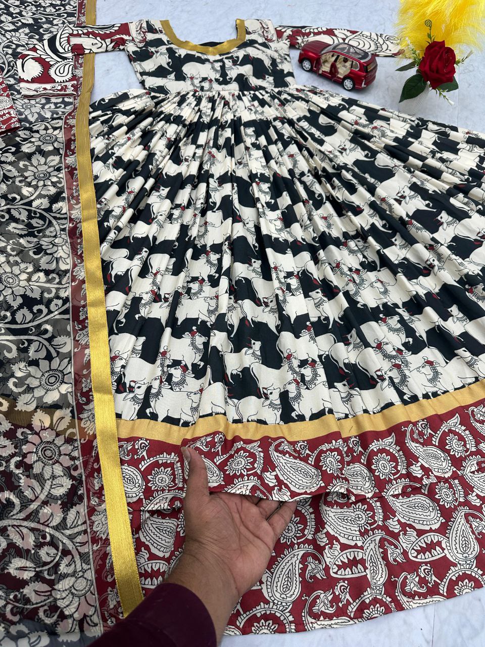 Stylish Kalamkari 3-Piece Gown, Jacket & Dupatta Set – Fully Stitched Ready to Wear