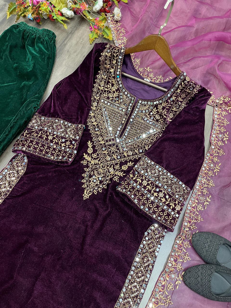 Adorable Heavy Velvet Sequence Embroidery Suit Set with Pant & Dupatta