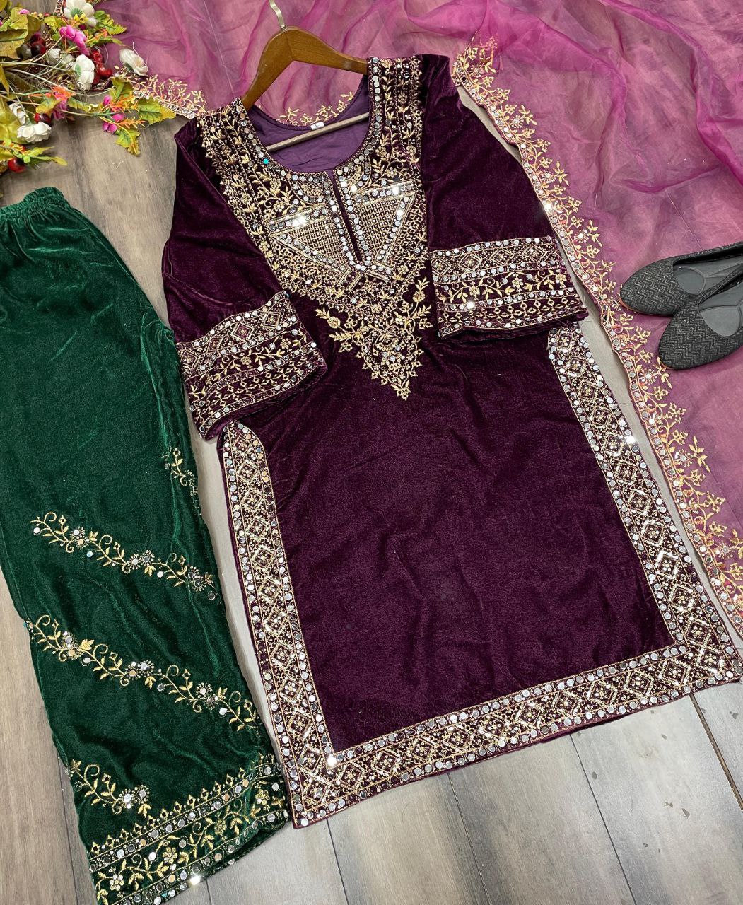 Adorable Heavy Velvet Sequence Embroidery Suit Set with Pant & Dupatta