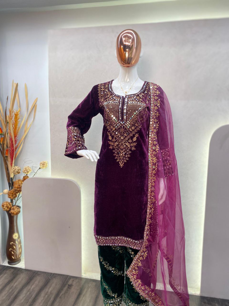 Adorable Heavy Velvet Sequence Embroidery Suit Set with Pant & Dupatta