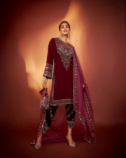 Adorable Heavy Velvet Sequence Embroidery Suit Set with Pant & Dupatta