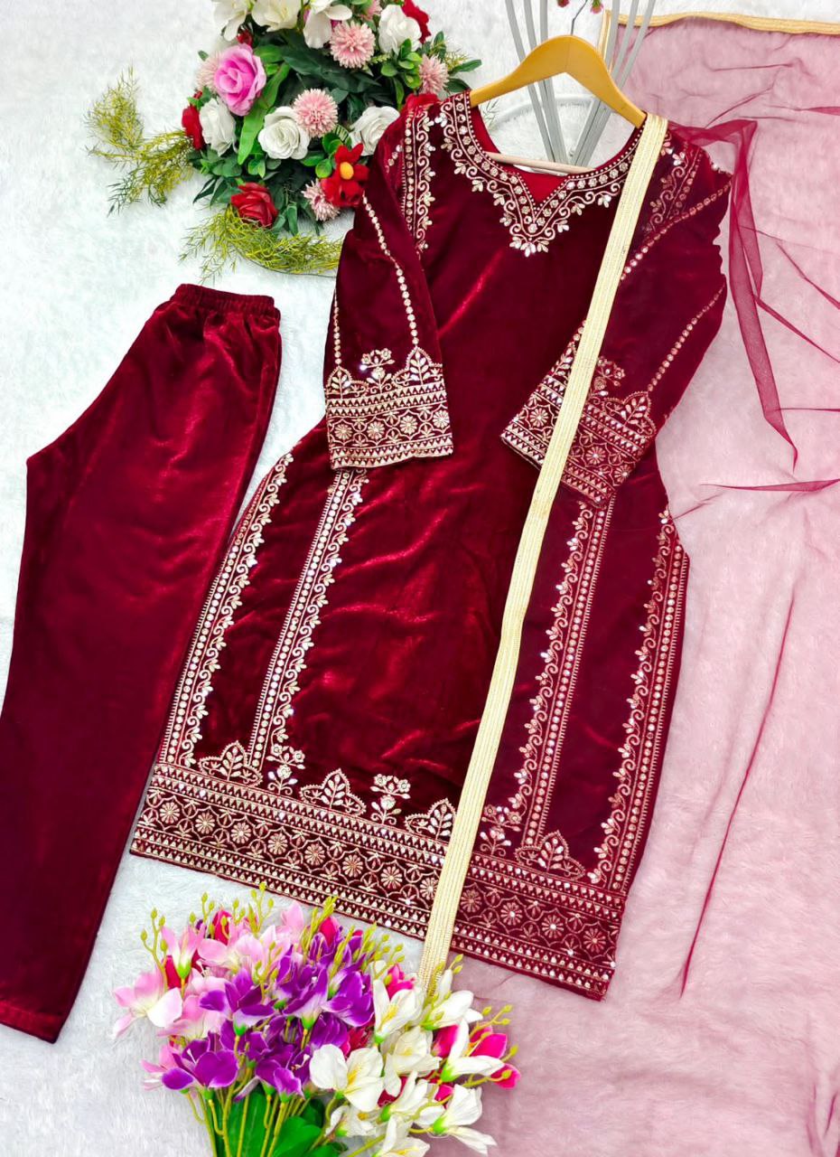 Royal Velvet Glam: Stunning Top-Pant-Dupatta Set with Heavy Embroidery & Luxe Sequence Work – Fully Stitched & Ready to Wear"