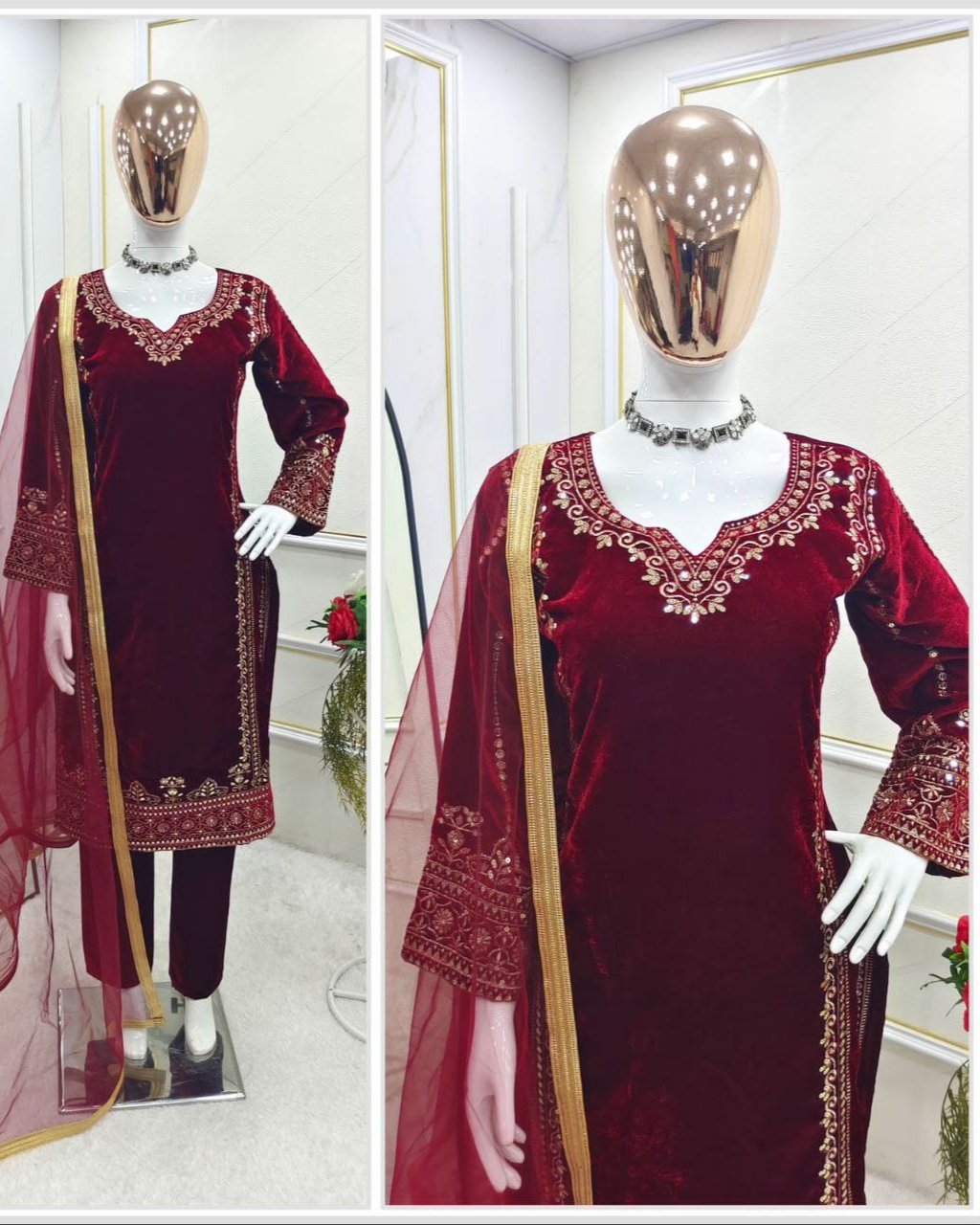 Royal Velvet Glam: Stunning Top-Pant-Dupatta Set with Heavy Embroidery & Luxe Sequence Work – Fully Stitched & Ready to Wear"