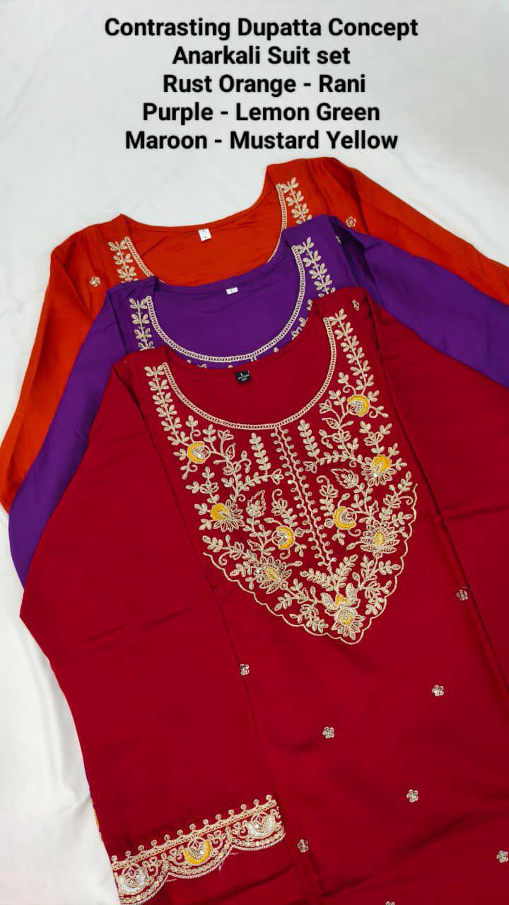 Premium Heavy Roman Silk Anarkali Suit Set – Boutique Embroidery Jari & Resham Work