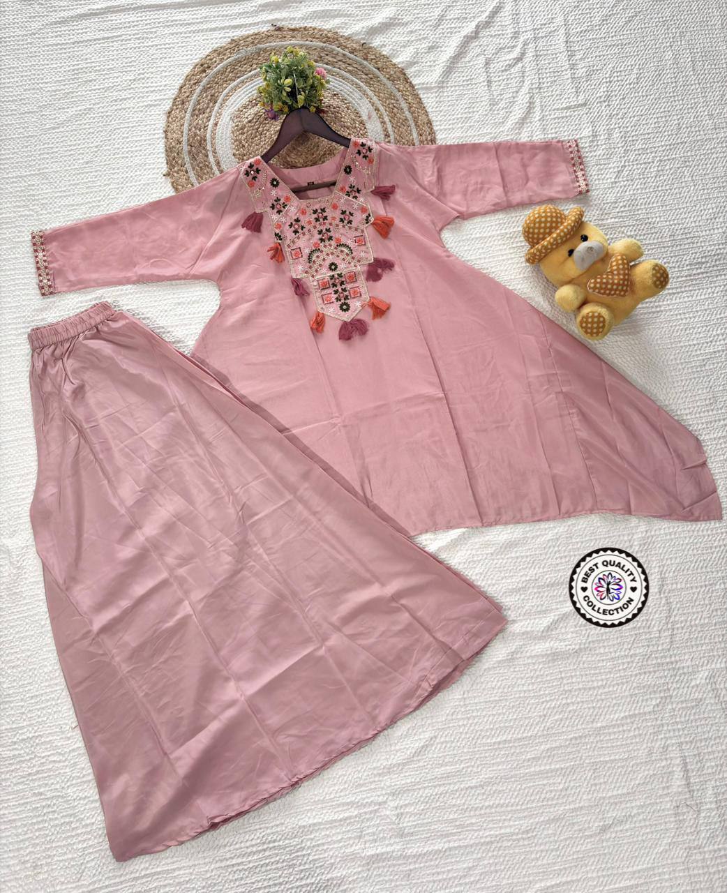 Premium French Crepe Kurti‑Pant Set – Embroidered Top with Matching Bottom