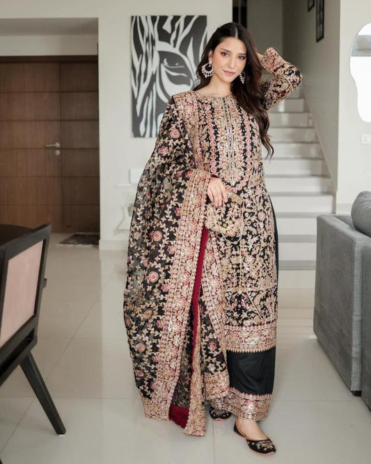 Elegant Black Embroidered Fox Georgette Suit Set – A Perfect Blend of Grace and Style