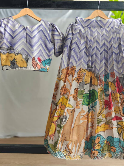 Premium Kids Tussar Silk Festive Outfit – Kalamkari Motifs with Embroidered