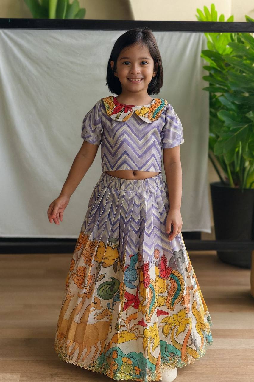 Premium Kids Tussar Silk Festive Outfit – Kalamkari Motifs with Embroidered