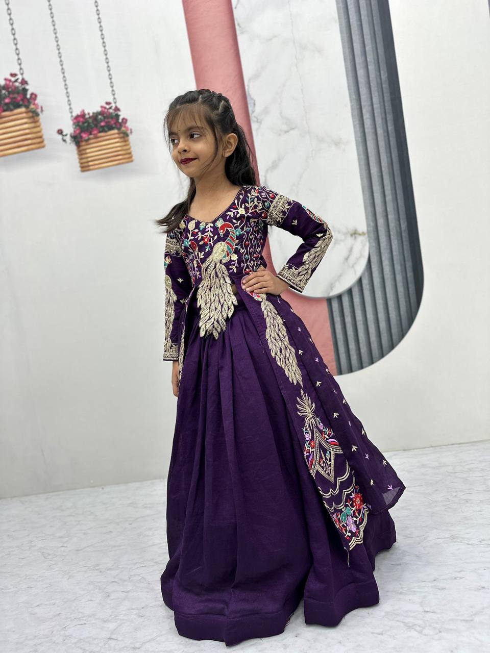 Premium Vichitra Silk Crop Top‑Lehenga Set – Heavy Thread & Sequins Embroidery