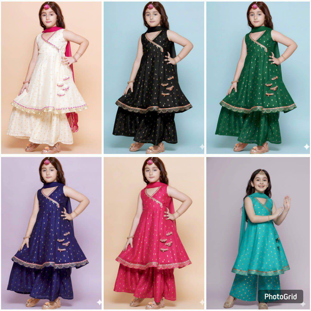 Premium Kids Chanderi Silk Kurta‑Sharara‑Dupatta Set – Printed Design with Chinnon Dupatta