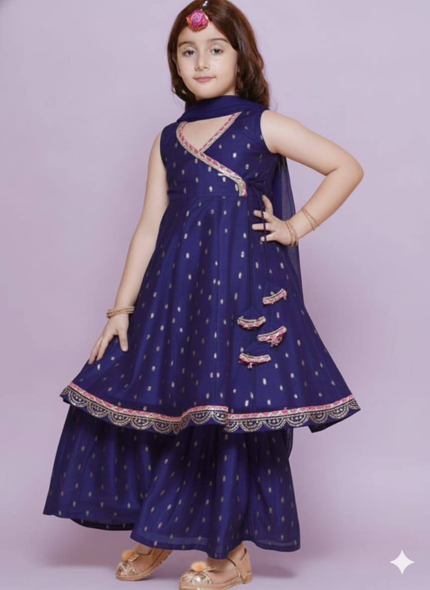 Premium Kids Chanderi Silk Kurta‑Sharara‑Dupatta Set – Printed Design with Chinnon Dupatta